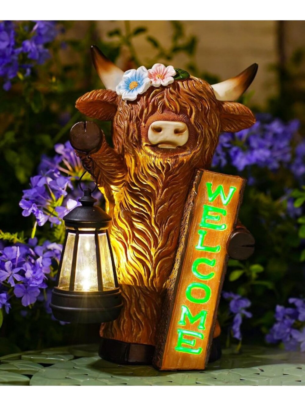 Highland Cow Garden Statue with Solar Lantern & Welcome Sign - Outdoor Yard Art